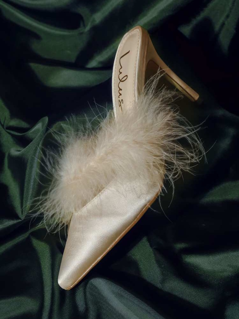 Lulu's Cream Satin Feather Trim Mule Heels